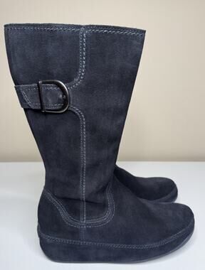 FitFlop Hooper Boot Womens 9 Blue Suede Mid Calf Side Zip Wobble Board Wedge